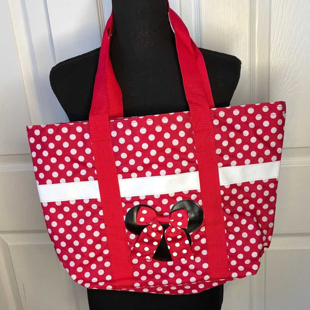 Disney Zippered Red and White Polka Dot Tote with Black Bow Accent